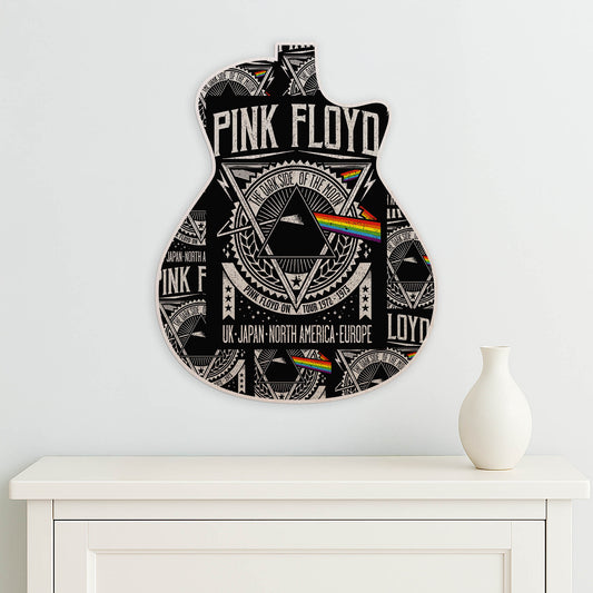 Pink Floyd wall art in the shape of a guitar on a white background