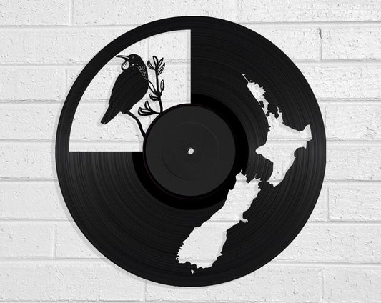NZ Map & Tui - revamped-records - vinyl-record-art - nz-made