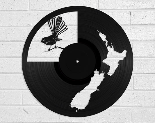 NZ Map & Fantail - revamped-records - vinyl-record-art - nz-made