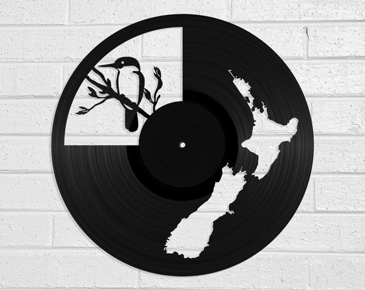 NZ Map & Kingfisher - revamped-records - vinyl-record-art - nz-made