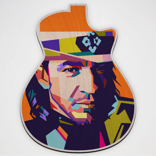 Stevie Ray Vaughan pop art wood print on a laser cut guitar made in NZ by OnWood