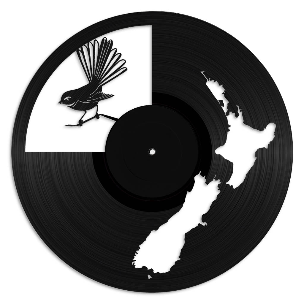 NZ Map & Fantail - revamped-records - vinyl-record-art - nz-made