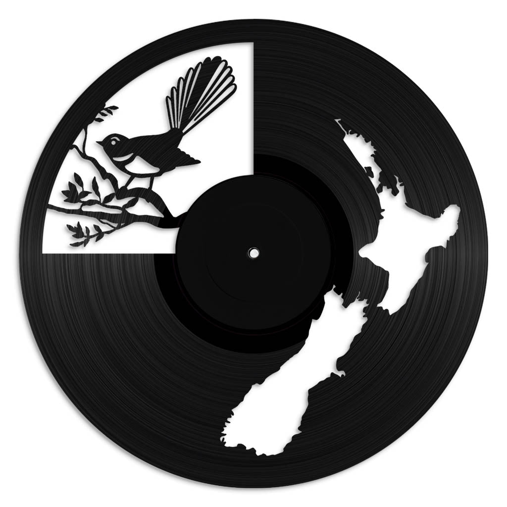 NZ Map & Fantail - revamped-records - vinyl-record-art - nz-made