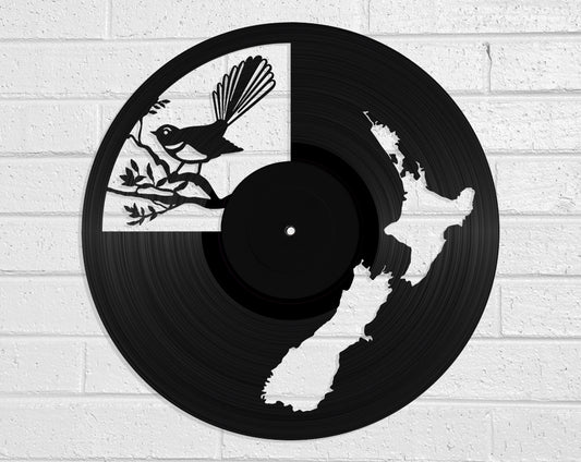 NZ Map & Fantail - revamped-records - vinyl-record-art - nz-made